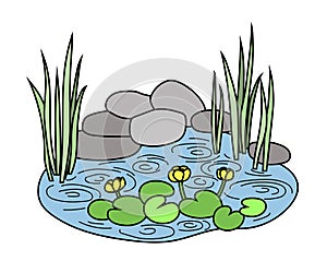 Pond with water lilies and reeds in a simple flat graphic outline style