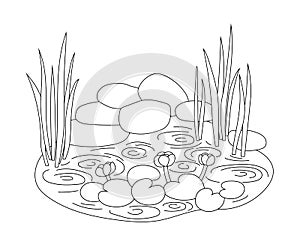 Pond with water lilies and reeds in a simple graphic outline style