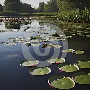 Pond of water lilies under the morning sun background. AI-Generated.