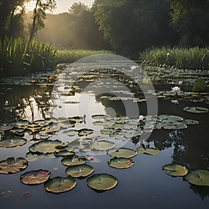 Pond of water lilies under the morning sun background. AI-Generated.