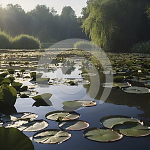 Pond of water lilies under the morning sun background. AI-Generated.