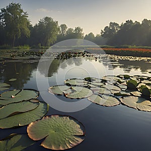 Pond of water lilies under the morning sun background. AI-Generated.