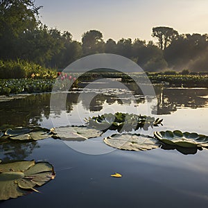 Pond of water lilies under the morning sun background. AI-Generated.