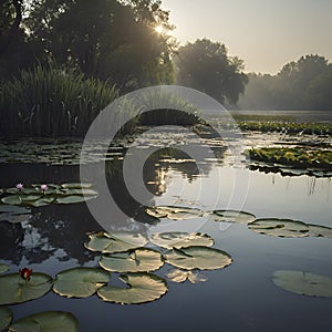 Pond of water lilies under the morning sun background. AI-Generated.