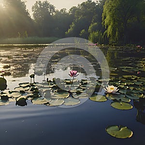 Pond of water lilies under the morning sun background. AI-Generated.