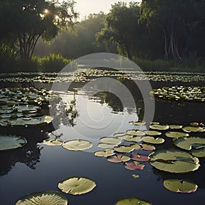 Pond of water lilies under the morning sun background. AI-Generated.