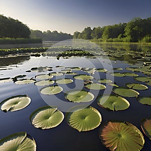 Pond of water lilies under the morning sun background. AI-Generated.