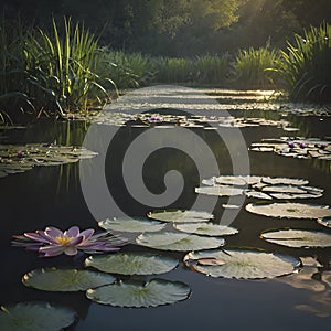 Pond of water lilies under the morning sun background. AI-Generated.