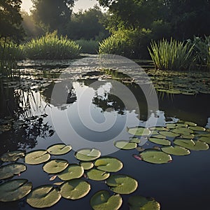 Pond of water lilies under the morning sun background. AI-Generated.