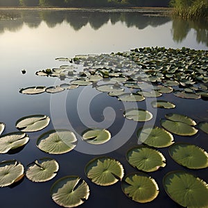 Pond of water lilies under the morning sun background. AI-Generated.