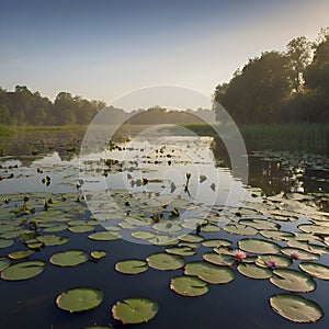 Pond of water lilies under the morning sun background. AI-Generated.