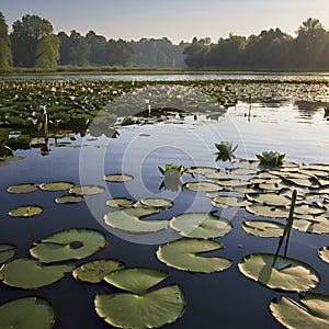 Pond of water lilies under the morning sun background. AI-Generated.