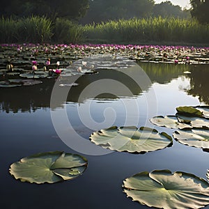 Pond of water lilies under the morning sun background. AI-Generated.