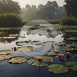 Pond of water lilies under the morning sun background. AI-Generated.