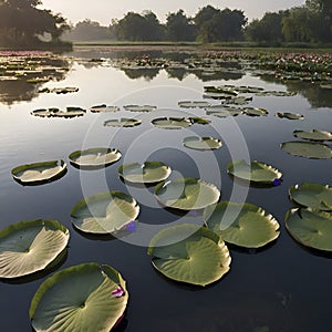 Pond of water lilies under the morning sun background. AI-Generated.