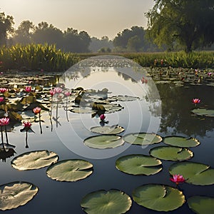 Pond of water lilies under the morning sun background. AI-Generated.