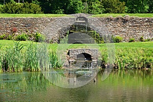 Pond and waterfalls at historic English house