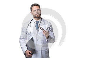pondering doctor presenting emedicine on background. emedicine and doctor man with laptop. doctor promoting emedicine