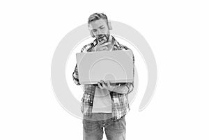 pondering millennial man blogger isolated on white. millennial man blogger