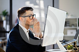 Pondering Thinking Businessman Using Office Computer