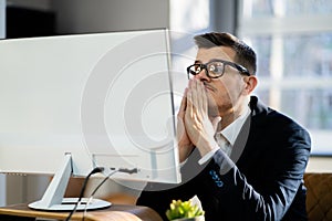 Pondering Thinking Businessman Using Office Computer