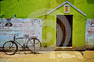 Pondicherry, bike, door and Kolam photo