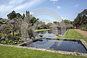 Ponds view from old building at Wisley Gardens