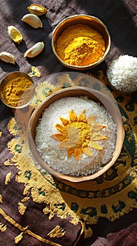 Pongal sun worship with turmeric and rice .