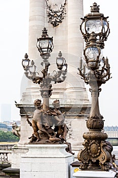 Pont Alexandre III Bridge & x28;Lamp post details& x29; in the morning fog