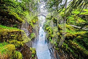 Pont d`Espagne Bridge in Cauterets, pine forest with mountain river, Pyrenees , France. photo