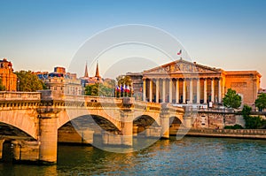 Pont de la Concorde and Assemblee Nationale at sunset, Paris, France photo