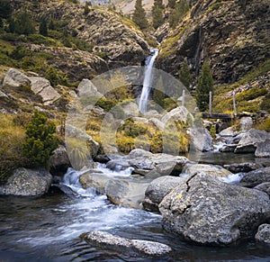 Pont de Rus Waterfall in Vall Fosca, Catalan Pyrenees