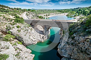 Pont du Diable over the Herault, near Saint Jean de Fos, in the Herault, in Occitanie, France