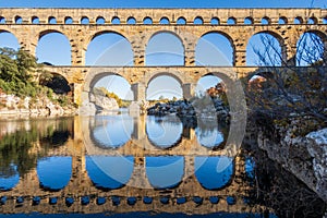 The Pont du Gard. Ancient Roman aqueduct bridge over Gardon river. Photography taken in France