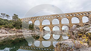 Pont du Gard - ancient roman aqueduct in southern France panoramic time lapse video
