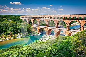 Pont du Gard, France. Ancient three-tiered aqueduct, built in Roman Empire times on the river Gardon, Provence