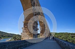 Pont du Gard, a part of Roman aqueduct in southern France, Gard department near Nimes, South France.