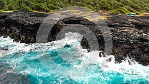 Pont Naturel, Mauritius Island. Beautiful arch rock formation from a drone viewpoint