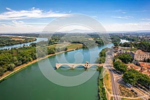 Pont Saint Benezet bridge and Rhone river aerial panoramic view in Avignon.