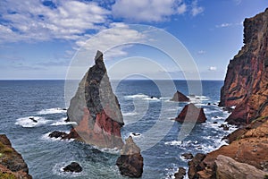 Ponta de Sao Lourenco, Madeira,Portugal. Beautiful scenic mountain view of green landscape,cliffs and Atlantic Ocean