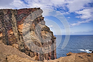 Ponta de Sao Lourenco, Madeira,Portugal. Beautiful scenic mountain view of green landscape,cliffs and Atlantic Ocean.