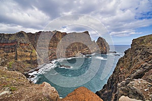 Ponta de Sao Lourenco, Madeira,Portugal. Beautiful scenic mountain view of green landscape,cliffs and Atlantic Ocean.