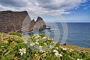 Ponta de Sao Lourenco, Madeira,Portugal. Beautiful scenic mountain view of green landscape,cliffs and Atlantic Ocean.