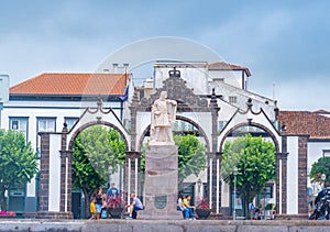 Ponta Delgada, Portugal, June 25, 2021: Portas da Cidade archway