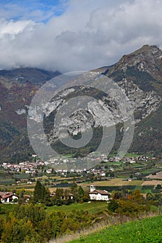 Ponte Arche and its church, a small town in the municipality Comano Terme. Trentino, Italy