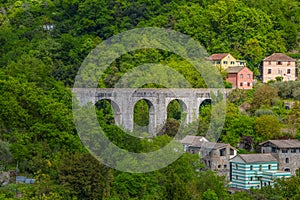 Ponte Canale Canale bridge on Rio Torbido Torbido stream  on the historical aqueduct of Genoa, Italy