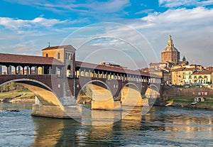 Ponte Coperto or covered bridge over Ticino river in Pavia, Lombardy, italy