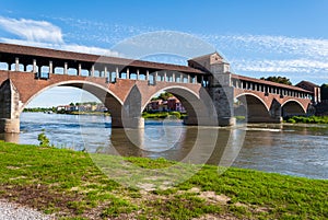 The Ponte Coperto in Pavia (northern Italy) above the river Ticino