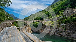 Ponte dei Salti bridge crossing the Verzasca River at Lavertezzo in the Verzasca Valley, Ticino in Switzerland