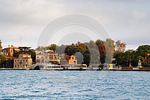 Ponte dei Sette Martiri bridge in Venice and vaporetto or water bus stop Giardini in Castello. Castello is the largest